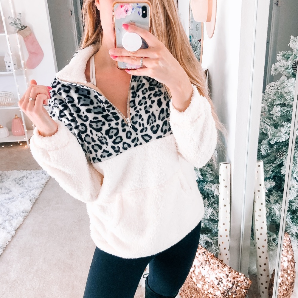 White Gray Sherpa Leopard Pullover - Picture 3 of 8